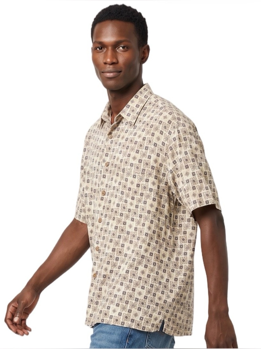 ROUNDTREE & YORKE Beige Patterned Casual Button Down Shortsleeve Shirt Tropical